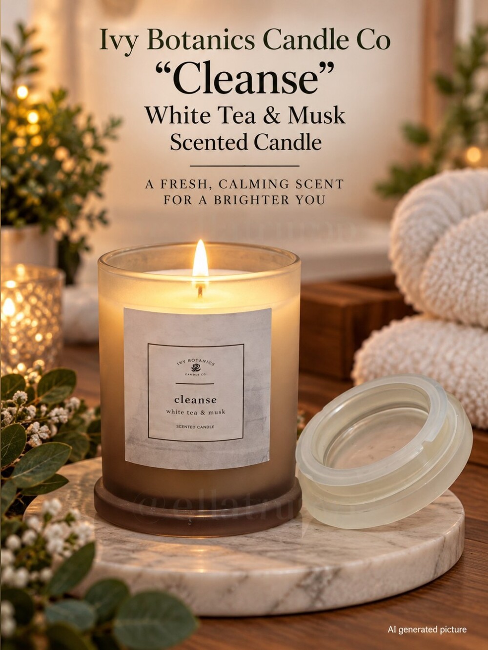 New Ivy Botanics Candle Co "Cleanse"White Tea & Musk Scented Candle